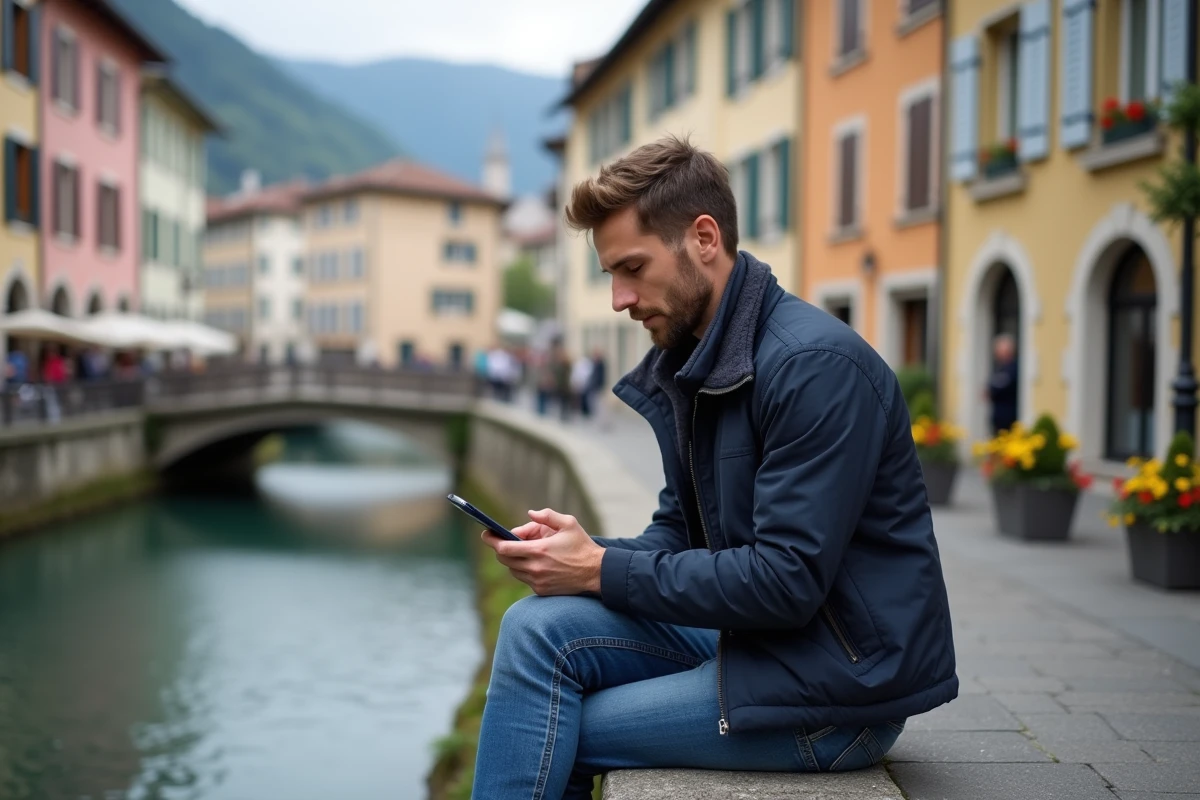 Homme en veste navy assis à Annecy avec son téléphone