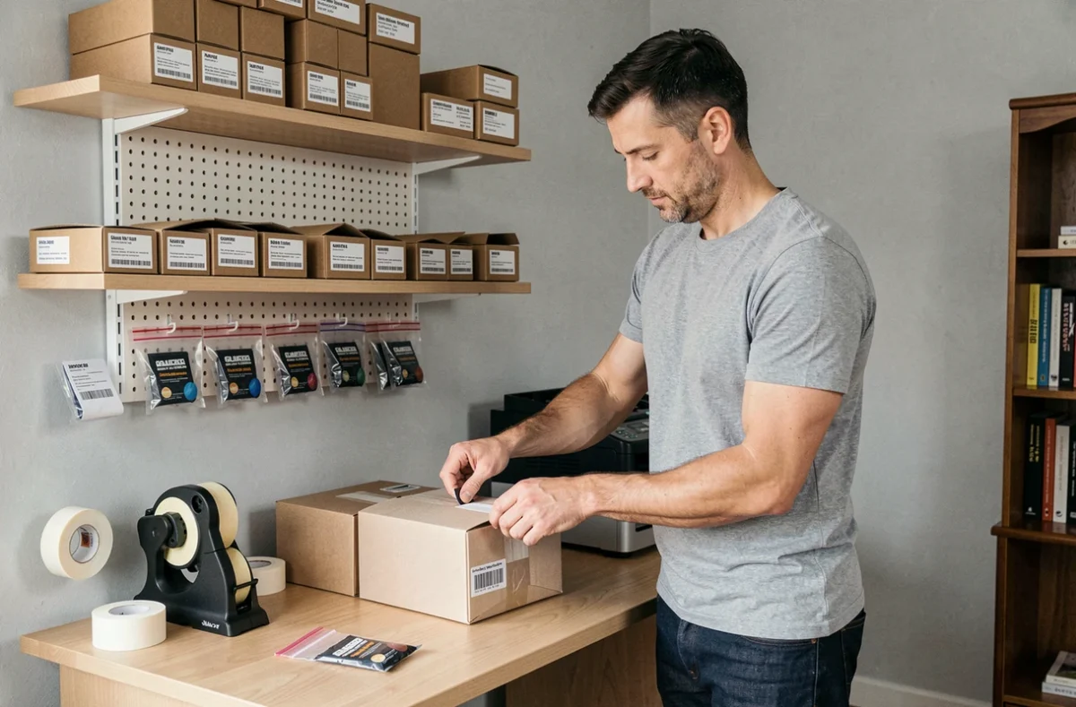 Homme auto-entrepreneur organisant des colis d'échantillons dans un bureau à domicile bien aménagé