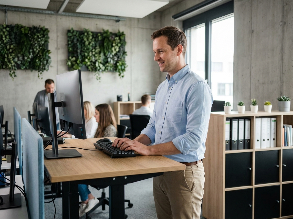 Homme travaillant debout à un bureau assis-debout dans un open space moderne avec végétation murale et étagères modulables