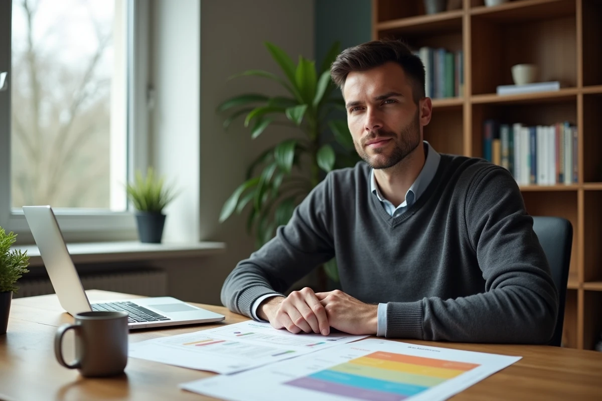 Homme au bureau étudiant les étapes du marketing mix avec des fiches colorées et un ordinateur portable