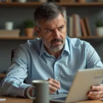 Homme d'âge moyen au bureau regardant l'écran de review