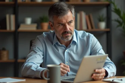 Homme d'âge moyen au bureau regardant l'écran de review