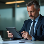 Homme d affaires regardant une politique de privacy sur tablette