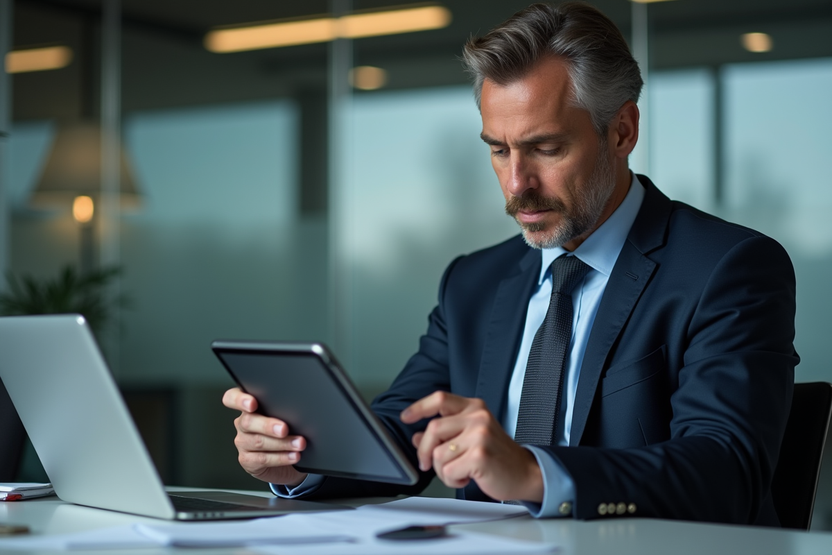 Homme d affaires regardant une politique de privacy sur tablette