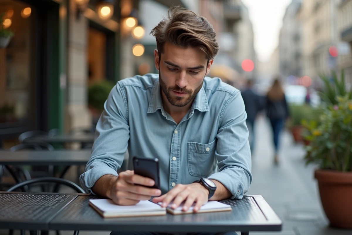 Jeune homme prenant des notes au café en extérieur
