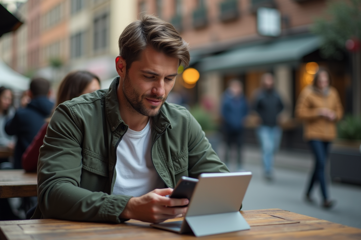Jeune homme au cafe en ville avec tablette et smartphone