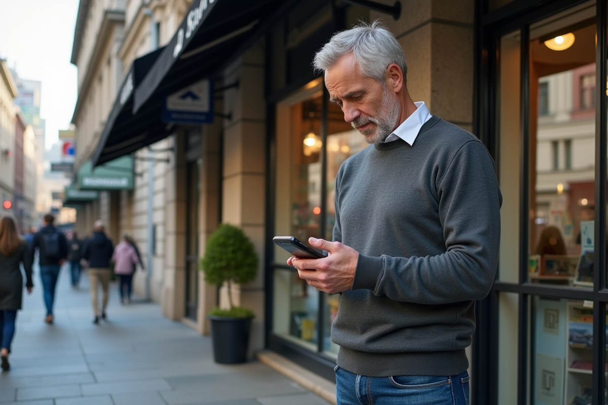 Homme vérifiant sa fiche Google devant sa boutique en ville