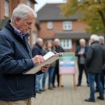Homme d'âge moyen dans une place de village examine un dossier