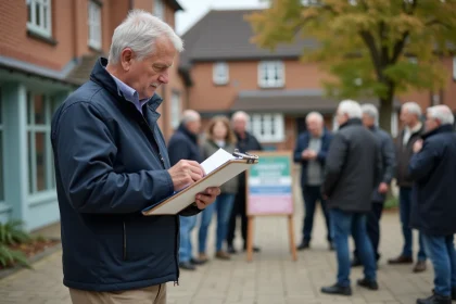 Homme d'âge moyen dans une place de village examine un dossier
