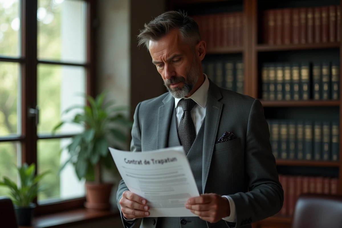 Homme en costume consultant un contrat de travail dans un bureau juridique avec rayonnages de classeurs