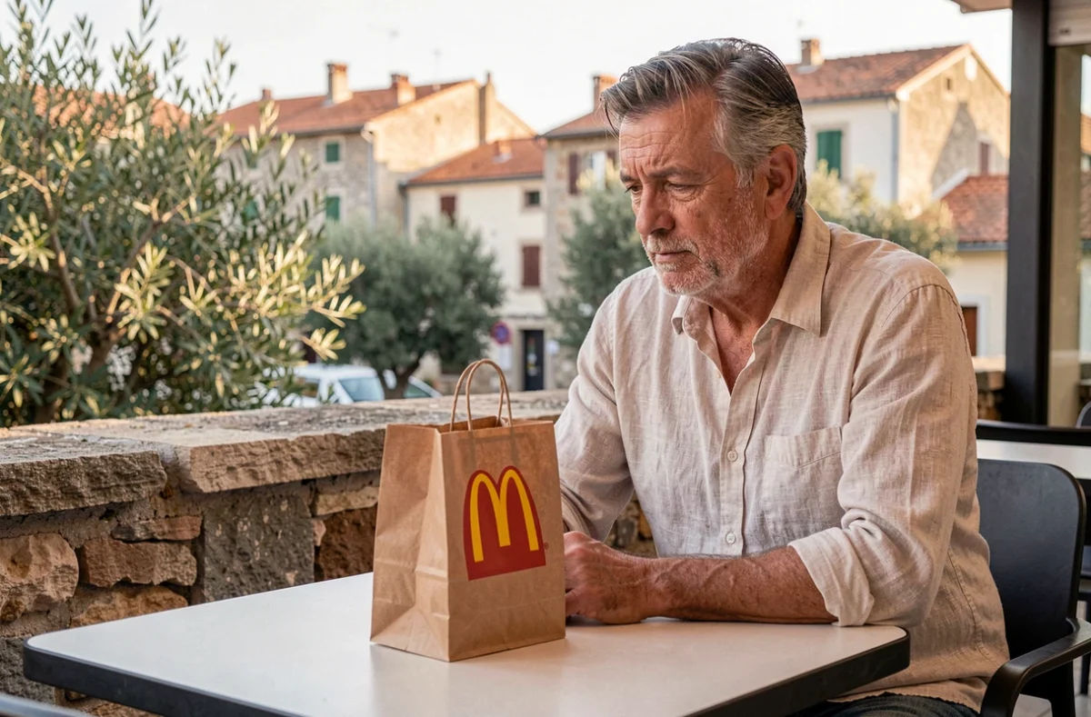 Homme corse d'une cinquantaine d'années assis en terrasse devant un sac McDonald's avec un village traditionnel en arrière-plan