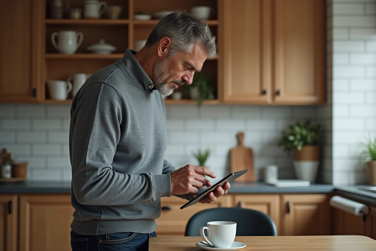 Homme à la maison vérifiant ses instructions sur une tablette