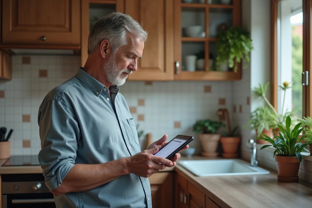 Homme décontracté utilisant une tablette dans la cuisine