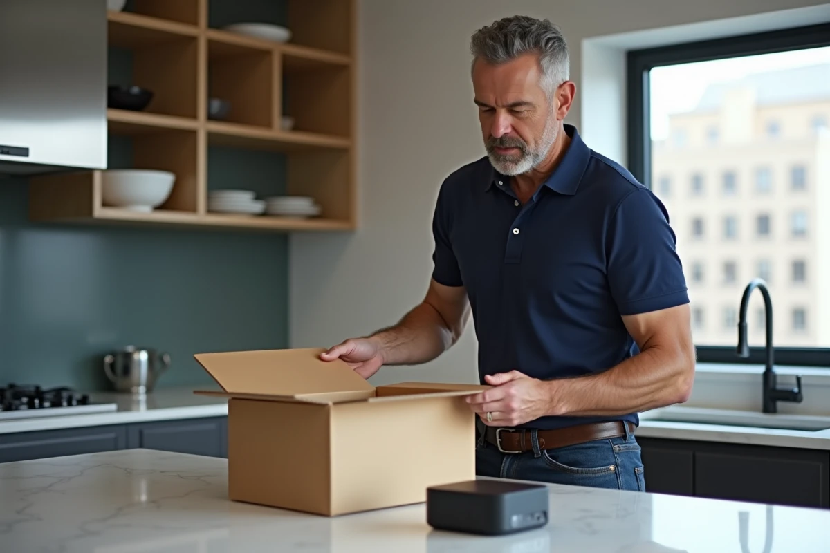 Homme déballant un appareil de streaming commandé sur Easytvshop dans une cuisine moderne