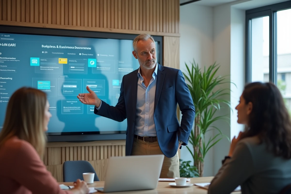 Homme en coworking montrant un écran interactif à un groupe