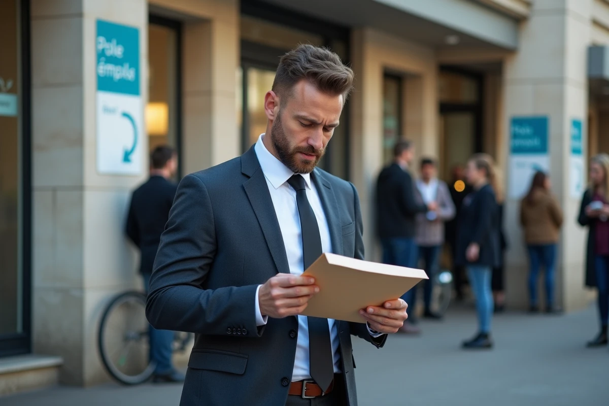 Homme en costume devant un bureau Pôle emploi