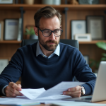 Homme d'âge moyen en bureau à domicile avec documents financiers