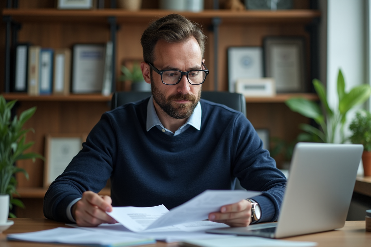 Homme d'âge moyen en bureau à domicile avec documents financiers