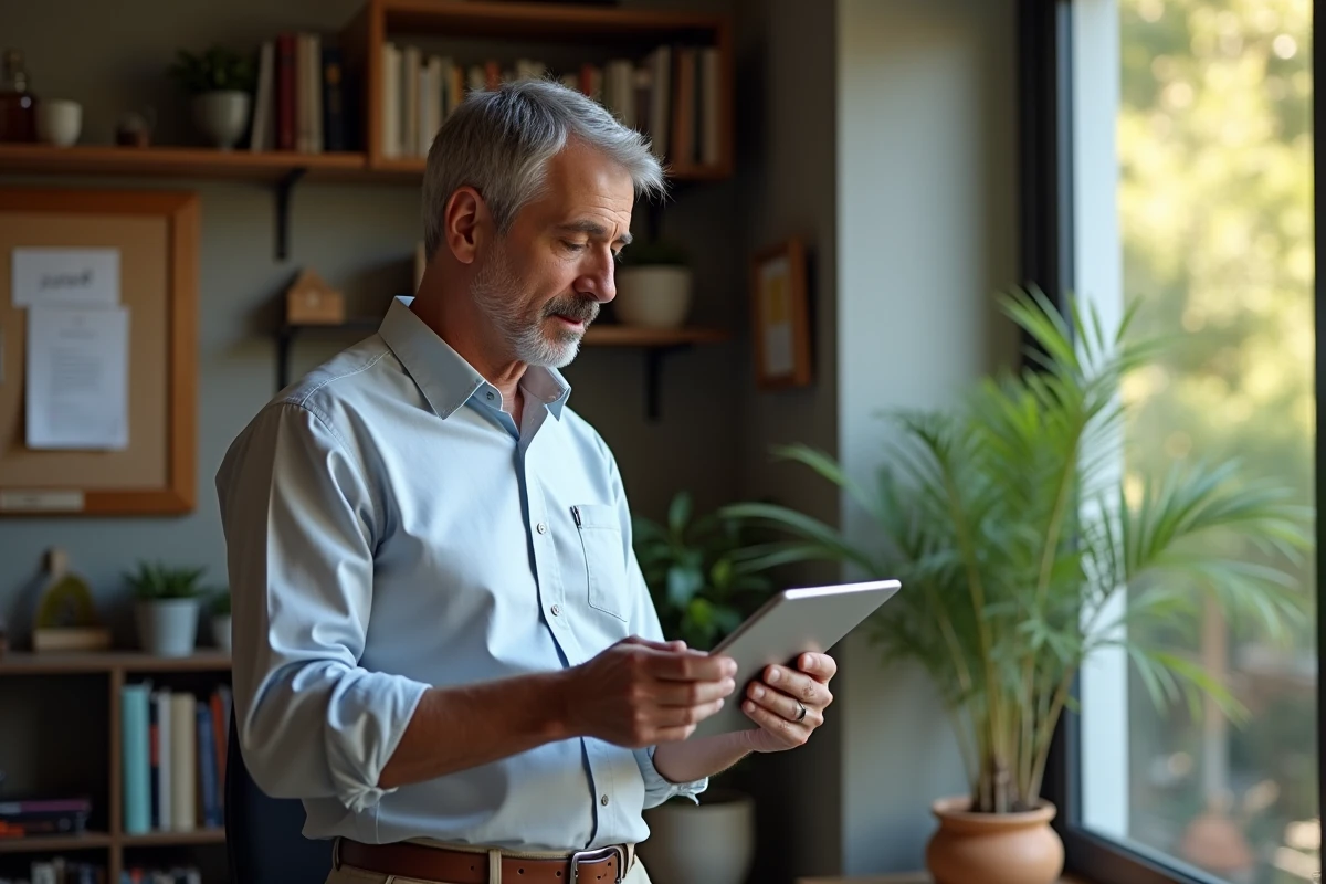 Homme d age moyen consulte des instructions sur une tablette