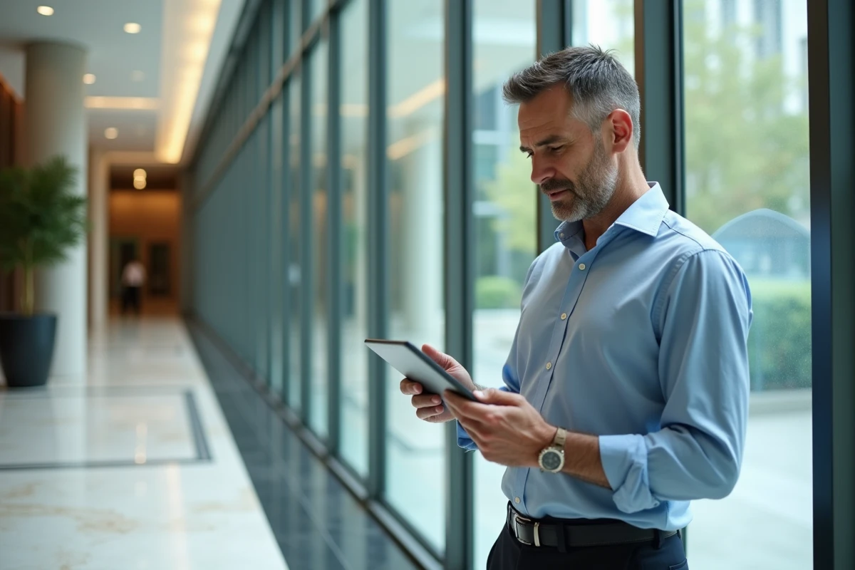Homme vérifiant son profil sur tablette dans le lobby