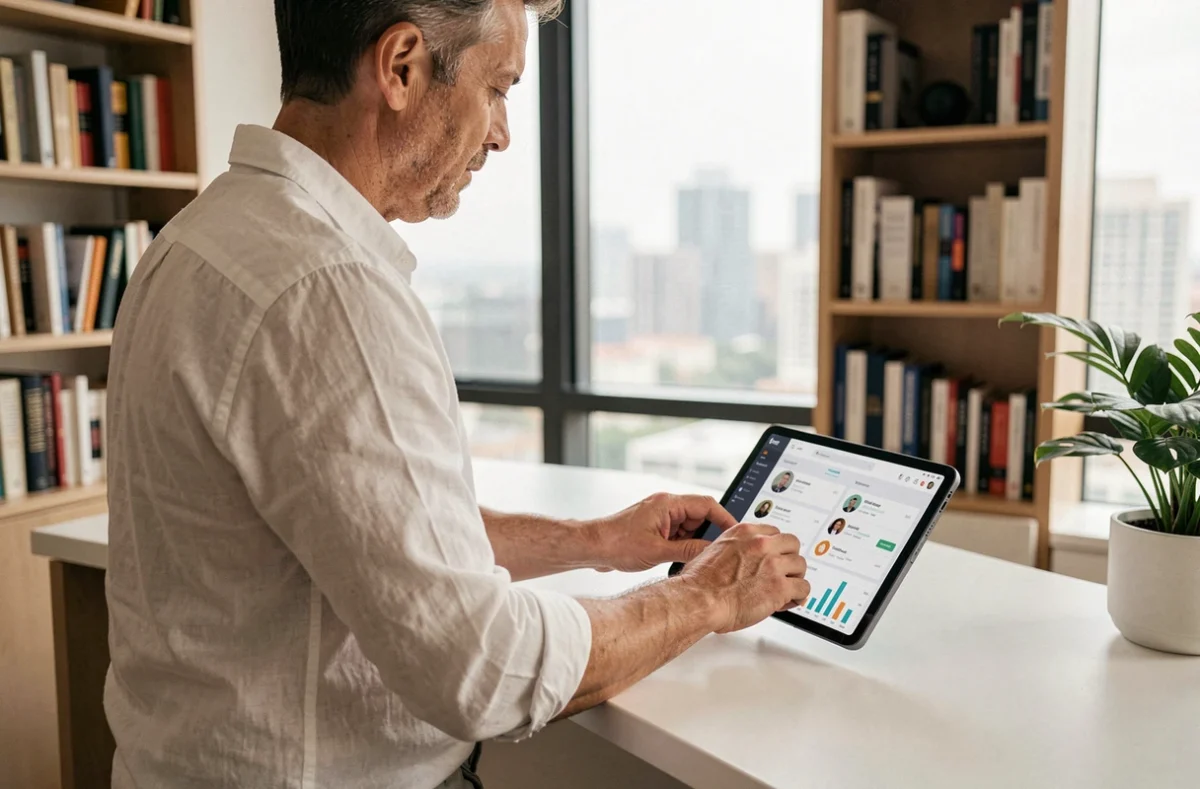 Homme consultant une interface de plateforme SaaS sur tablette dans un bureau à domicile minimaliste