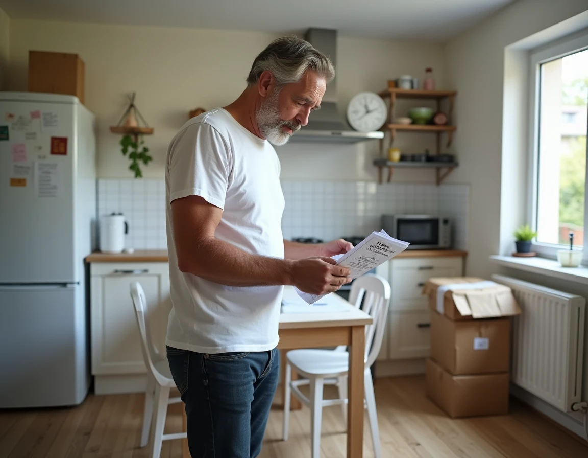 Homme d'âge moyen lisant une brochure Pôle emploi dans sa cuisine entouré de colis à emballer