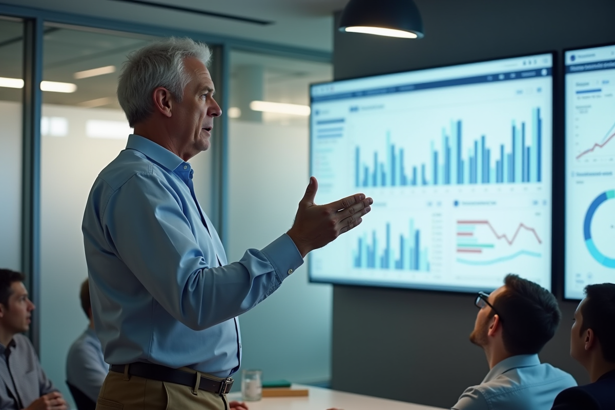 Homme en réunion expliquant des analyses marketing