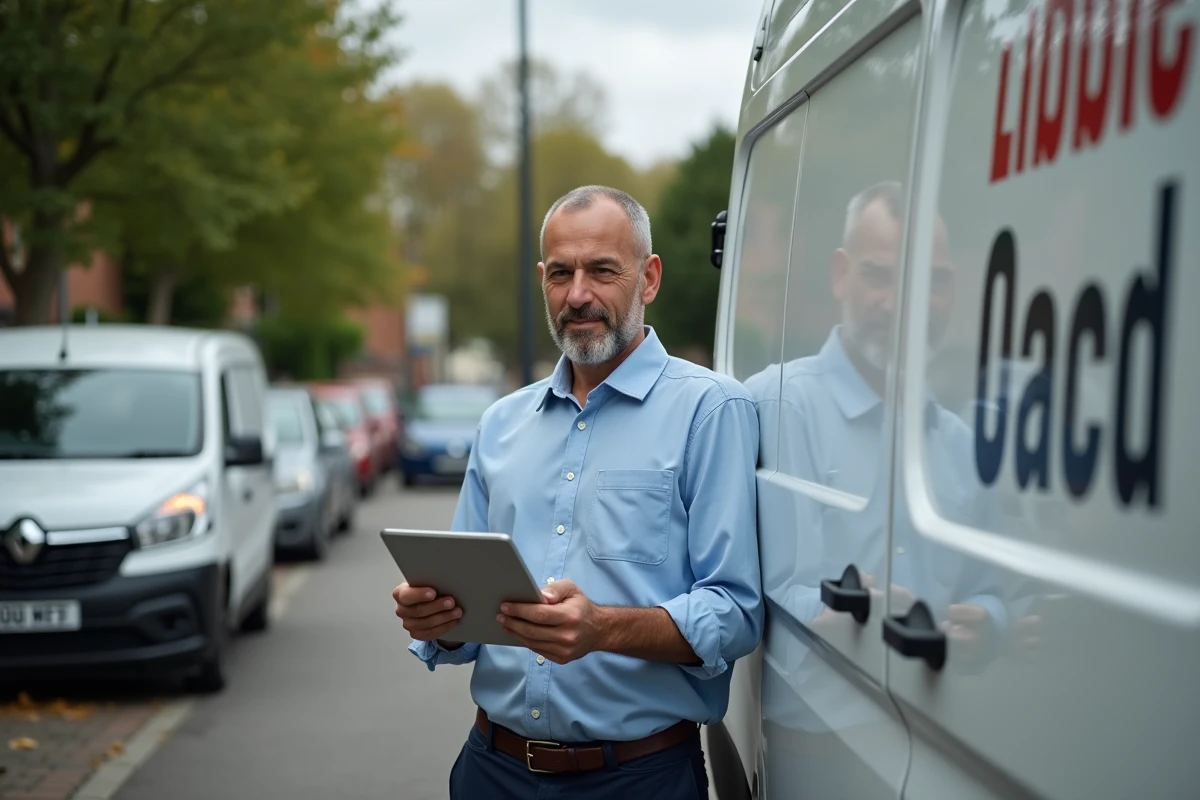 Homme en reconversion gérant son activité indépendante depuis une tablette à côté de son véhicule de travail