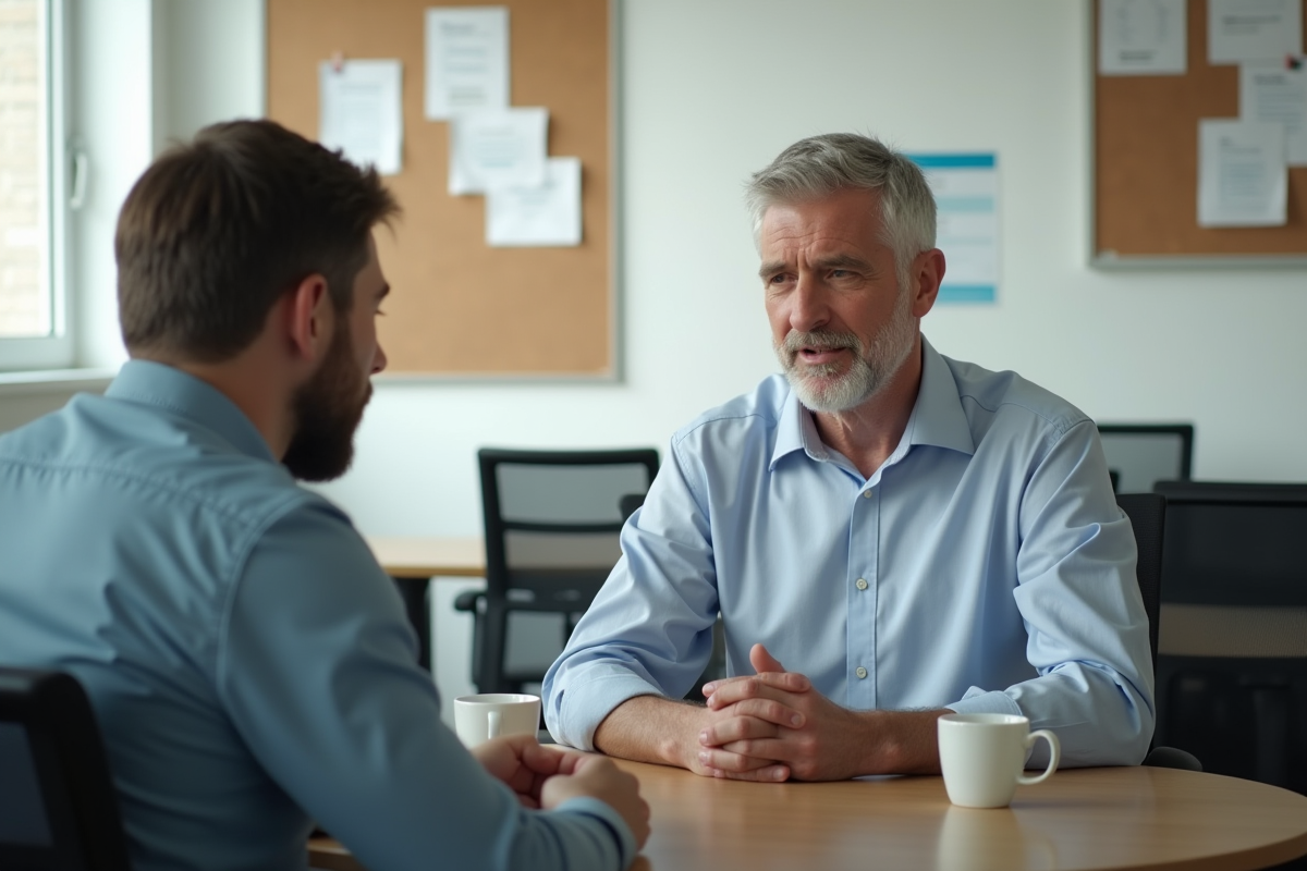 Homme discutant avec son superviseur en salle de pause