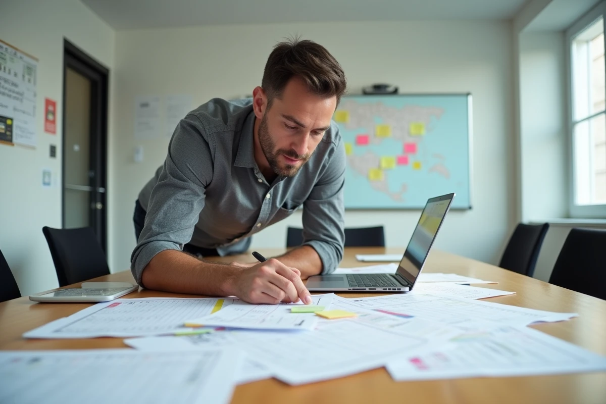 Homme en salle de réunion analysant des grilles de planning papier et un logiciel de gestion d'agenda
