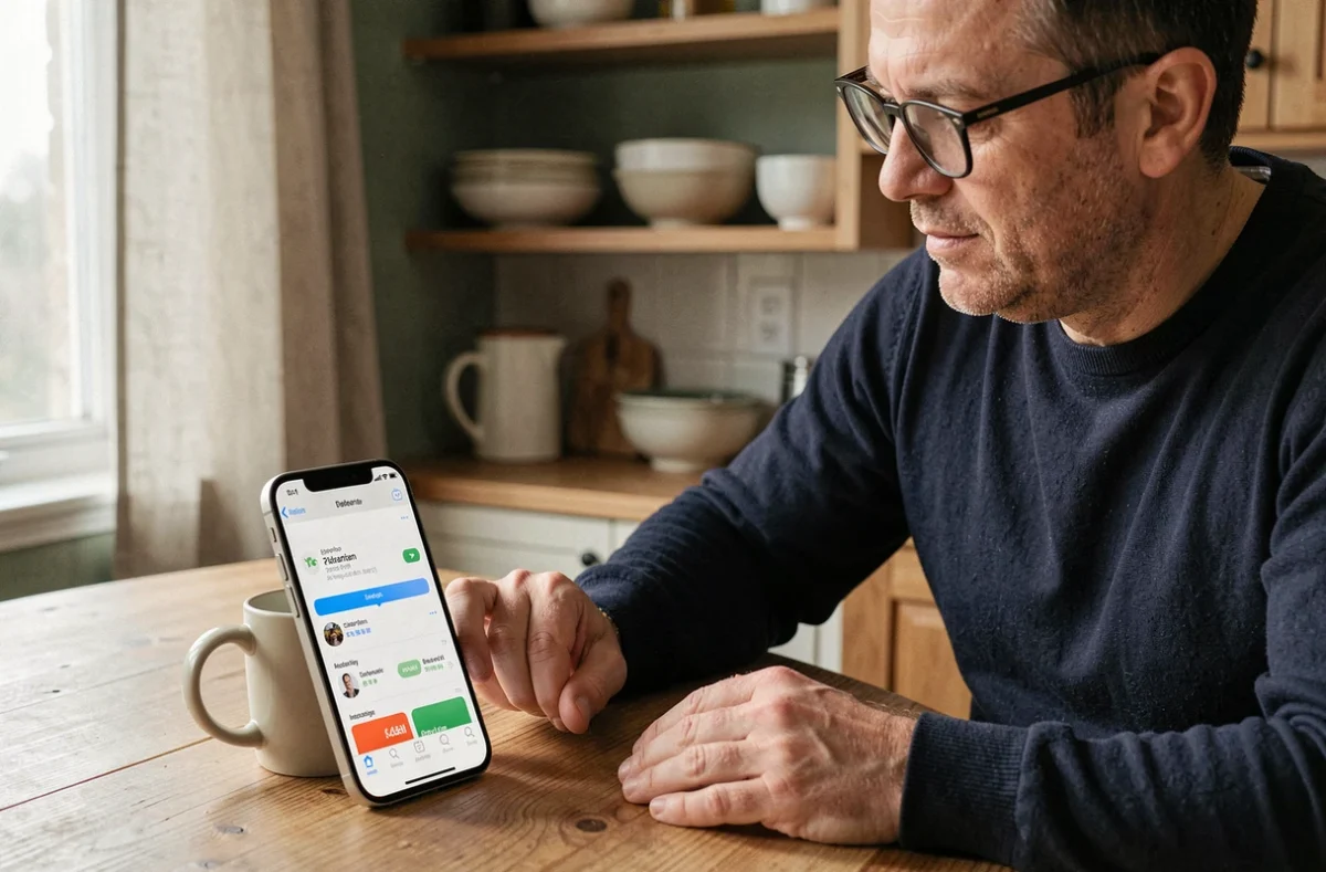 Homme téléchargeant MonPortailSecuritas sur iPhone depuis l'App Store dans une cuisine moderne