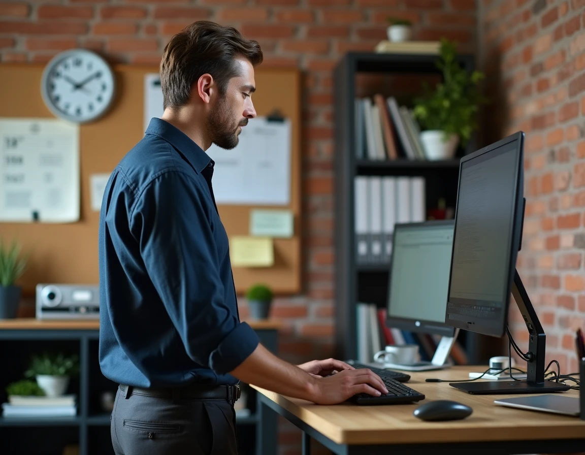Homme en télétravail debout à son bureau réglable en hauteur consultant l'heure sur une horloge murale dans un espace de travail organisé