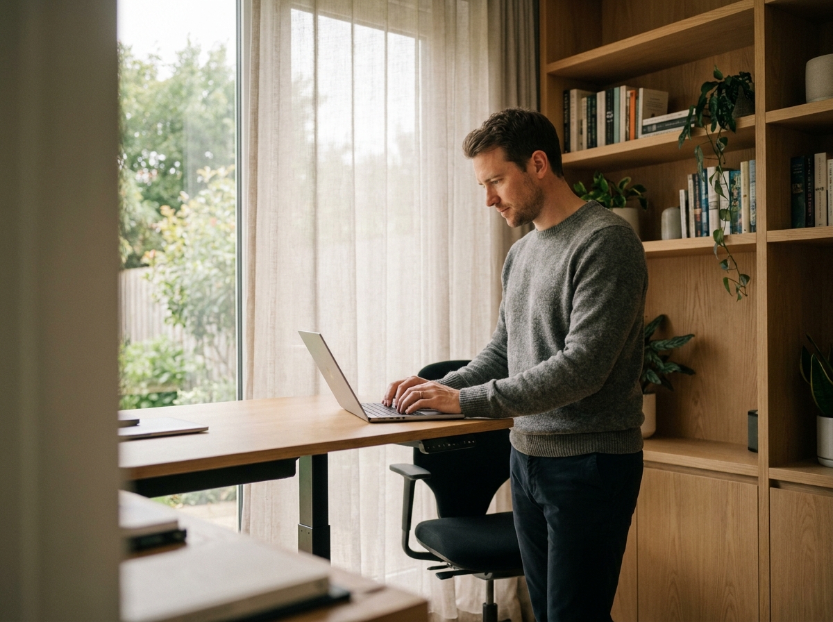 Homme en télétravail dans un bureau à domicile ergonomique et bien aménagé, illustrant l'importance d'un bon environnement de travail pour la productivité