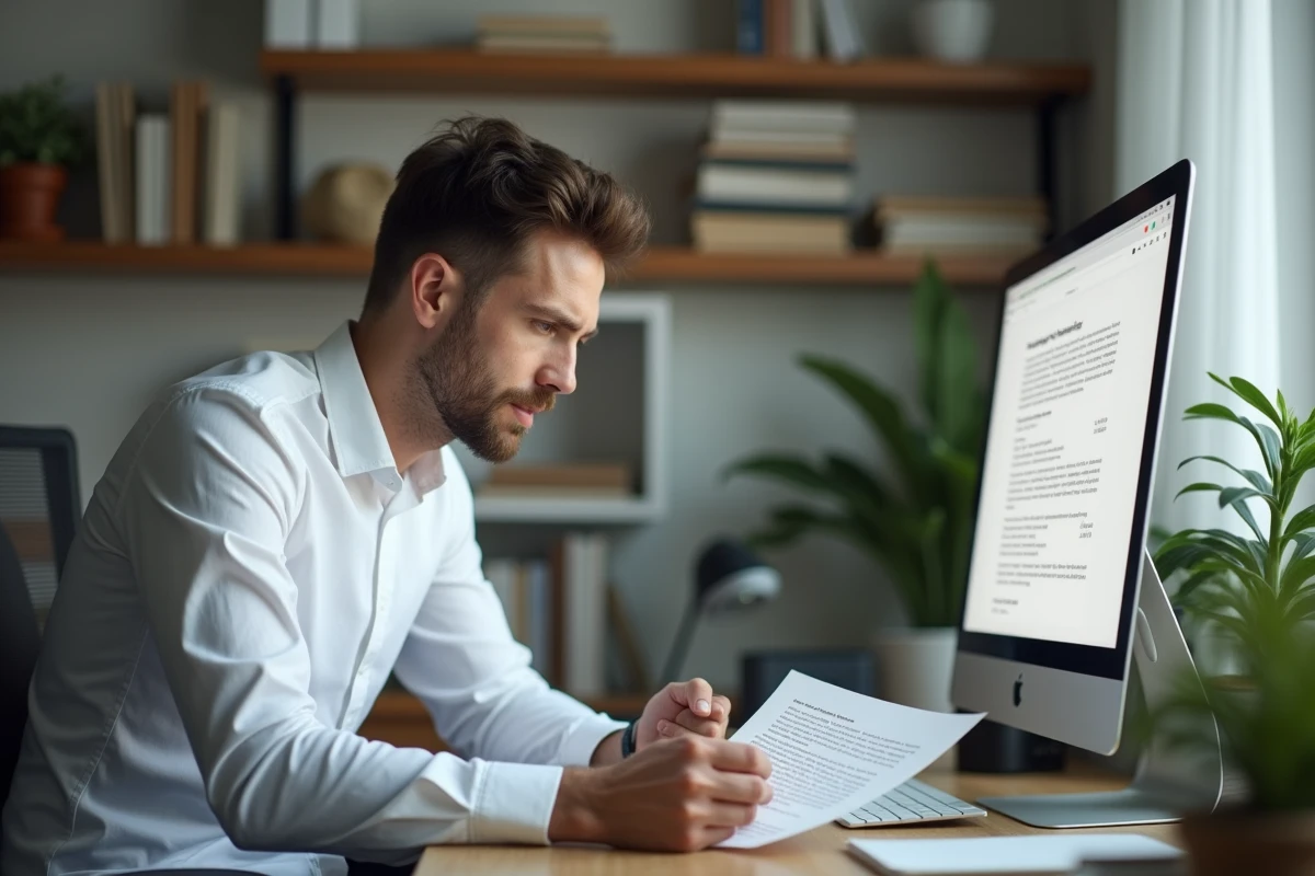 Homme en télétravail consultant une facture papier tout en rédigeant un email de relance avec formule de politesse pour règlement