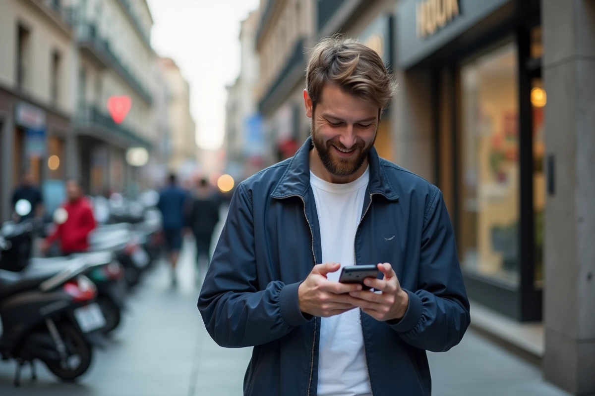 Jeune homme souriant tapant sur son mobile en ville