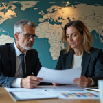 Hommes d'affaires examinant des documents de commerce international