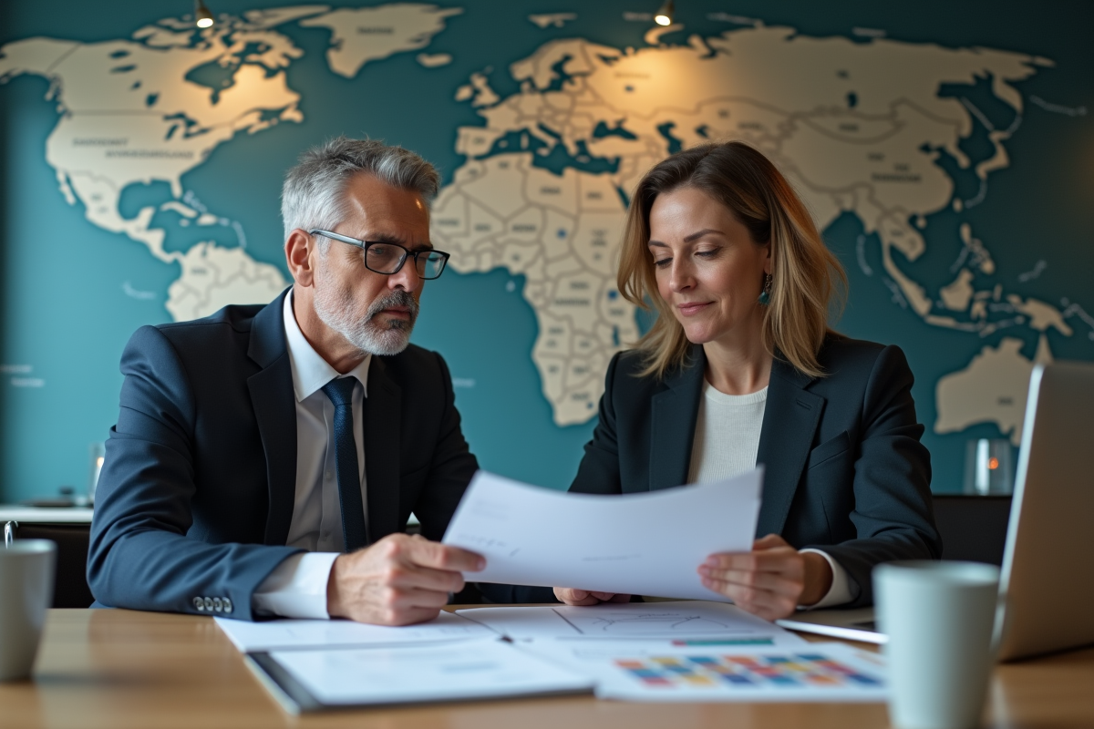 Hommes d'affaires examinant des documents de commerce international