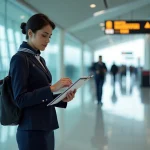 Hôtesse de l'air Air France en uniforme consultant ses intralignes dans un terminal d'aéroport moderne