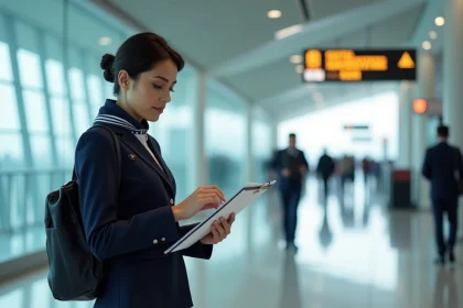 Hôtesse de l'air Air France en uniforme consultant ses intralignes dans un terminal d'aéroport moderne