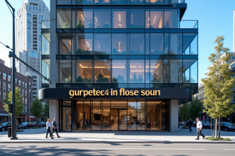 Bâtiment moderne à Montreal avec enseigne créative en journée