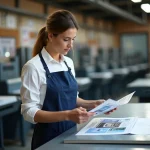 Technicienne en imprimerie parisienne examinant des affiches imprimées dans un atelier professionnel du 17e arrondissement