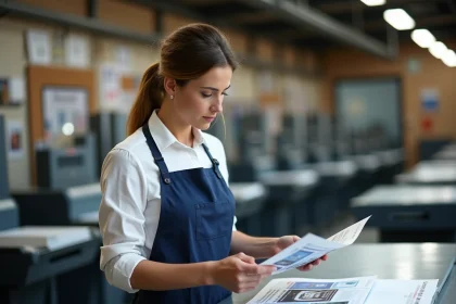 Technicienne en imprimerie parisienne examinant des affiches imprimées dans un atelier professionnel du 17e arrondissement