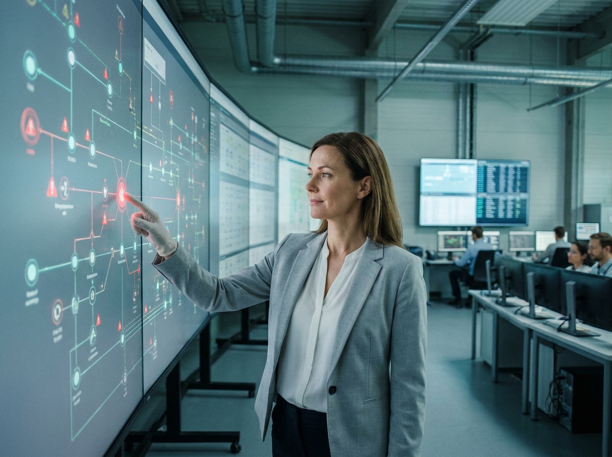 Ingénieure en salle de contrôle informatique intervenant manuellement sur un panneau de supervision de systèmes autonomes