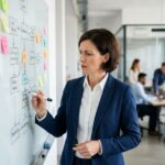 Directrice d'entreprise analysant des initiatives IA dispersées sur un tableau blanc dans un open space moderne
