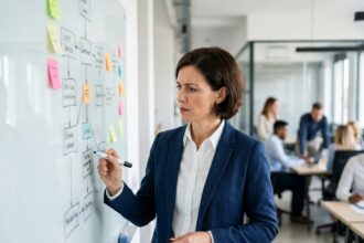 Directrice d'entreprise analysant des initiatives IA dispersées sur un tableau blanc dans un open space moderne