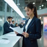 Jeune femme entrepreneur s'inscrivant à l'événement lesentreprisesfrenchy 2026 lors d'un accueil professionnel en convention center