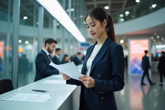 Jeune femme entrepreneur s'inscrivant à l'événement lesentreprisesfrenchy 2026 lors d'un accueil professionnel en convention center