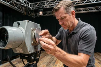 Technicien insérant un gobo métallique dans un projecteur de scène ellipsoïdal monté sur perche en coulisses de théâtre