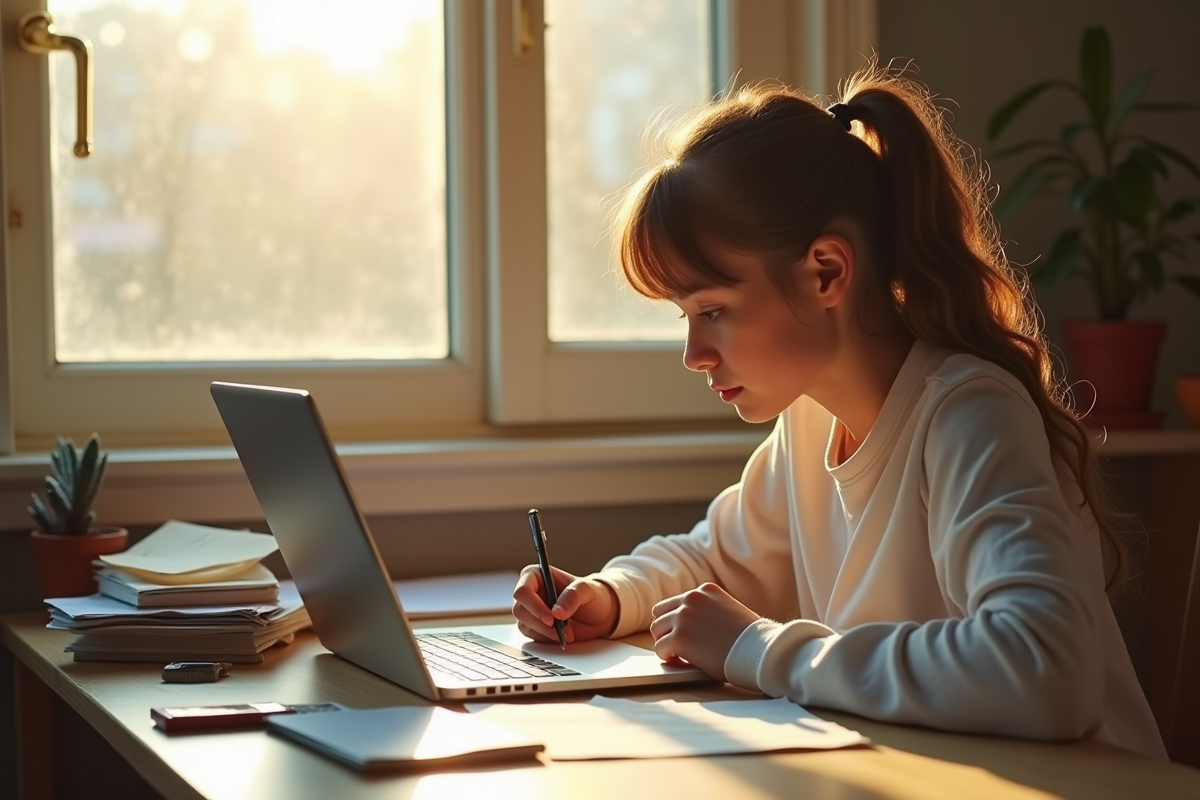 Jeune adulte écrivant une lettre dans un bureau ensoleille