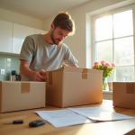 Jeune adulte emballant des cartons dans un appartement lumineux